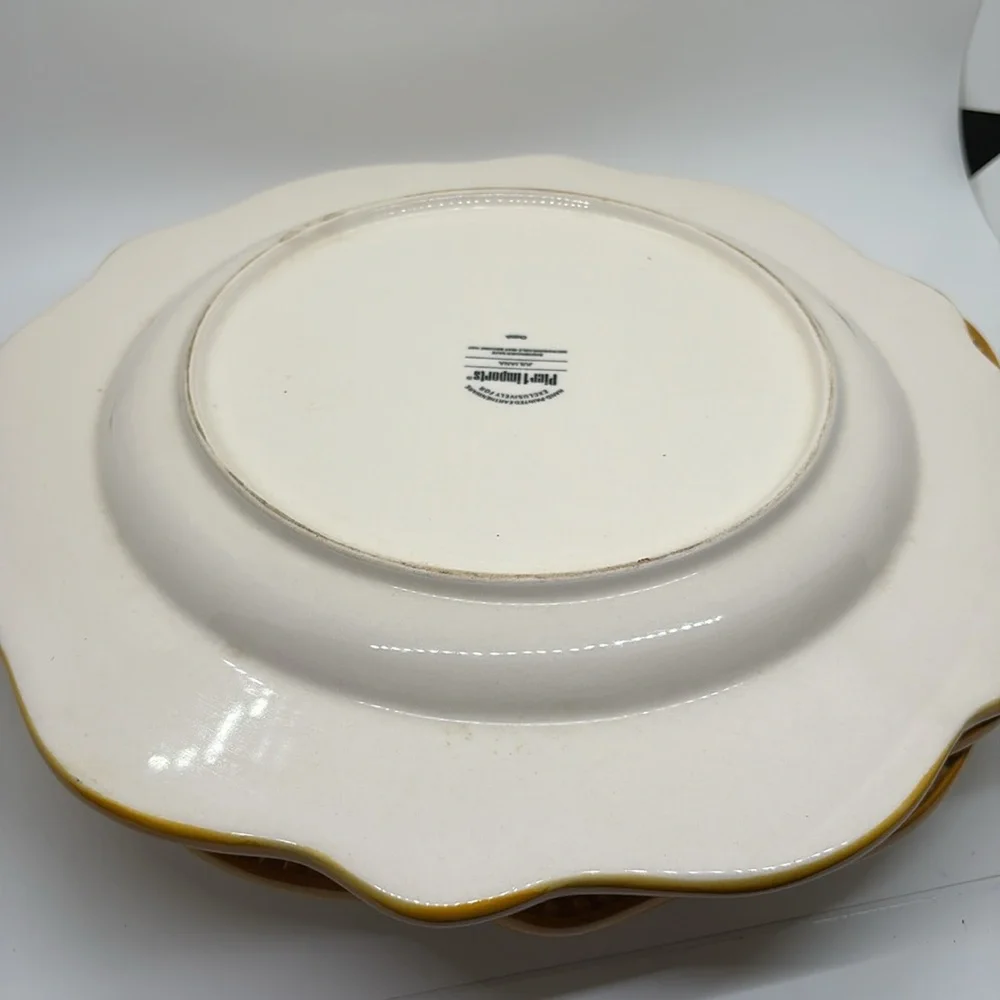 Pier 1 Juliana hand painted floral gold red scalloped edge dinner plates.